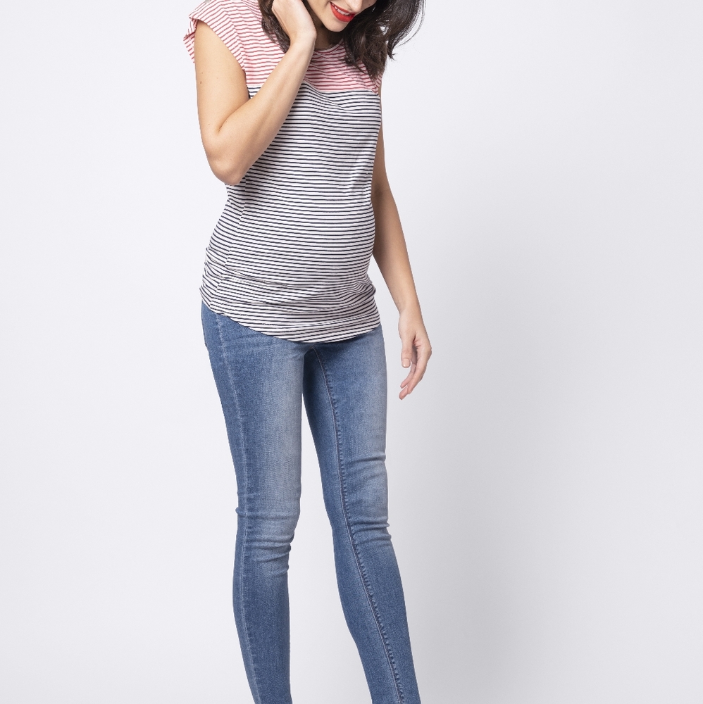 Maternity to Nursing Seraphine Top Blue and Red Striped Short Sleeve